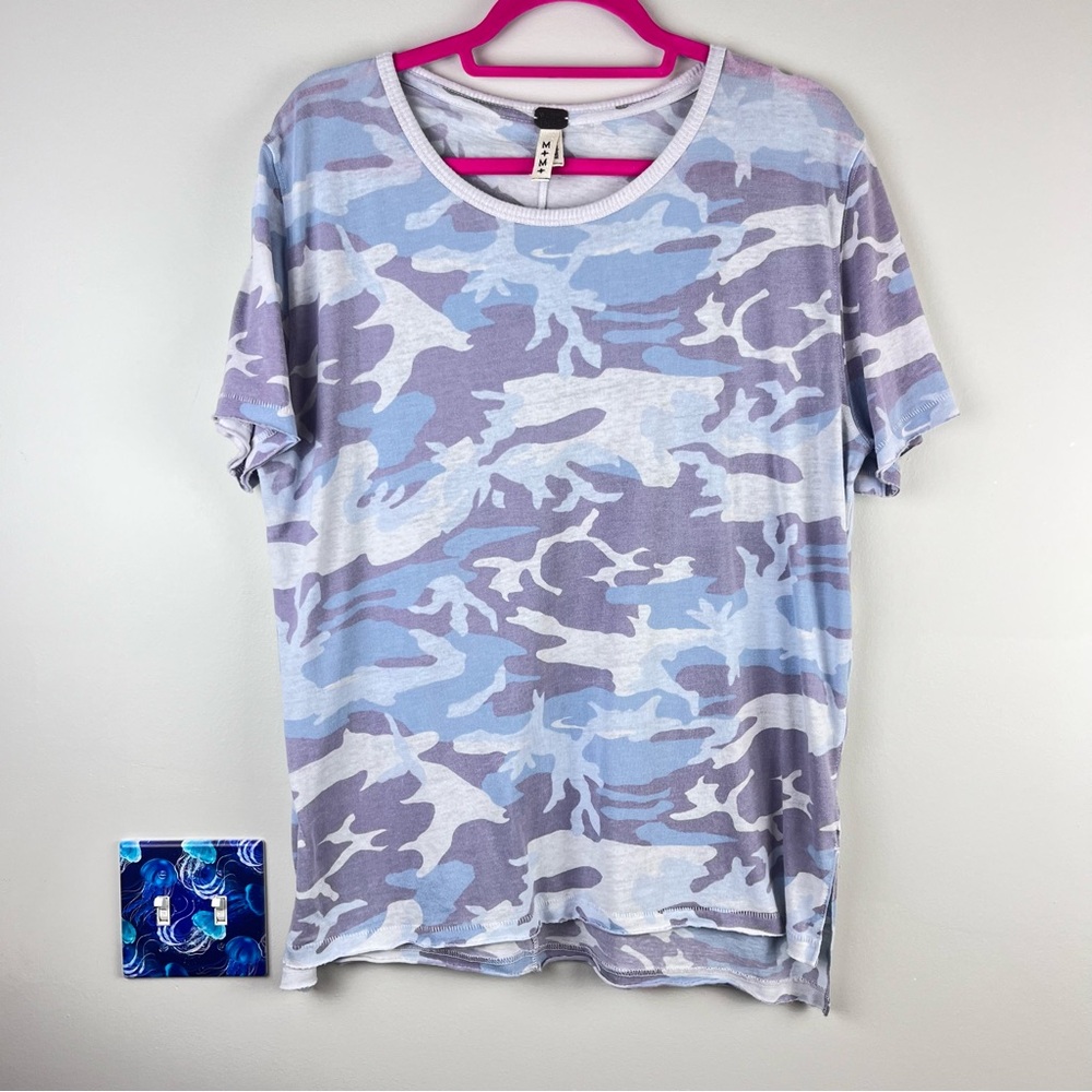 We The Free Camo T-Shirt Womens Blue Short Sleeve Purple Burnout Medium Top